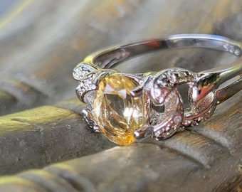 Oval Citrine and Diamond Accent Ring in Sterling Silver, 2/3ct Citrine Diamond Accent Ring