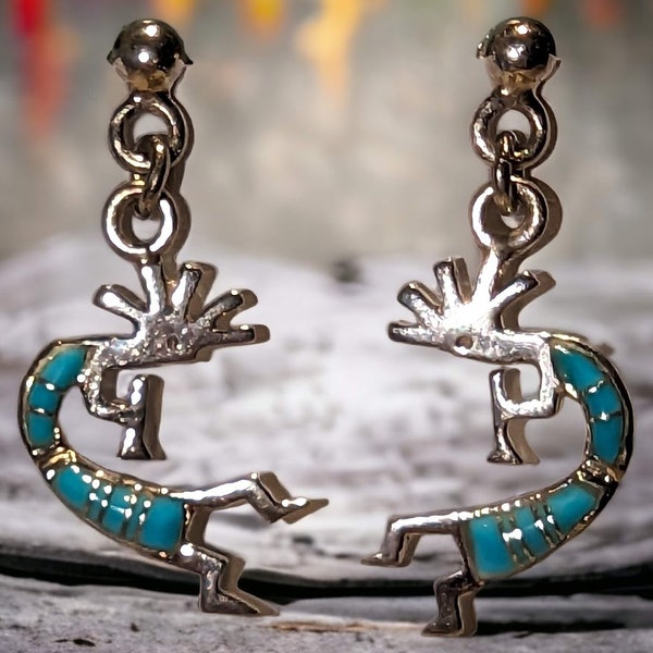 Vintage Handmade WR Signed Earrings - Sterling SilverKokopelli with Turquoise, Native American Inspired, Elegant Gift for Collectors