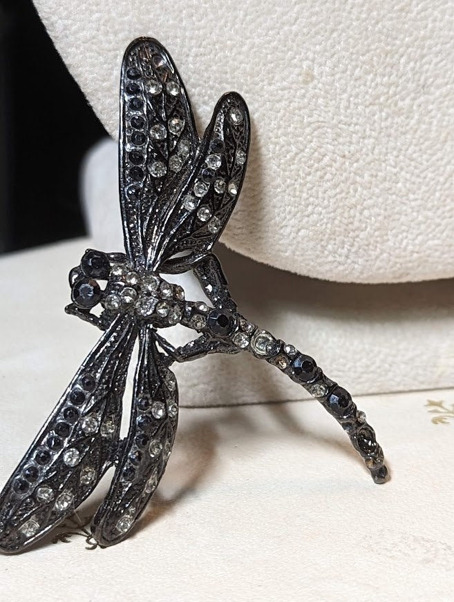 Vintage Dragonfly Brooch • Art Deco Insect Pin • Rhinestone
