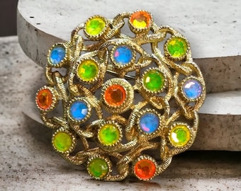 Broche Vintage Brouette Avec Cristaux Boréalis, Couleur Or Poli - Bijou Rétro
