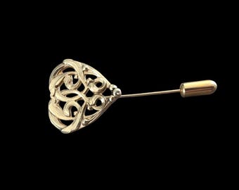 Vintage Gold Tone Filigree Heart Stick Pin | Art Nouveau Lapel Pin