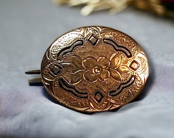 ビクトリア朝の喪服ブローチピン：ブラックエナメル、10Kゴールドフロント