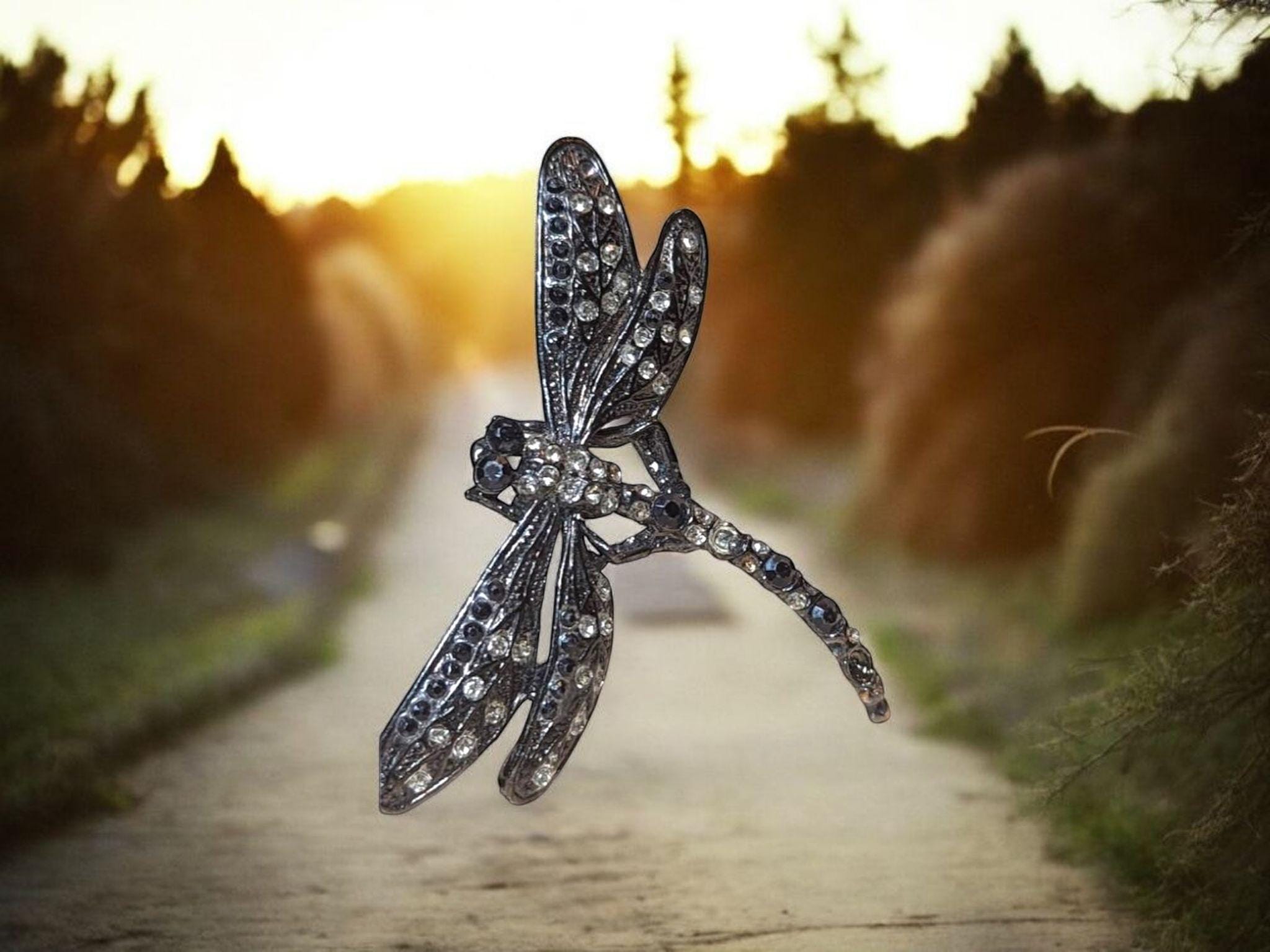 Vintage Dragonfly Brooch • Art Deco Insect Pin • Rhinestone