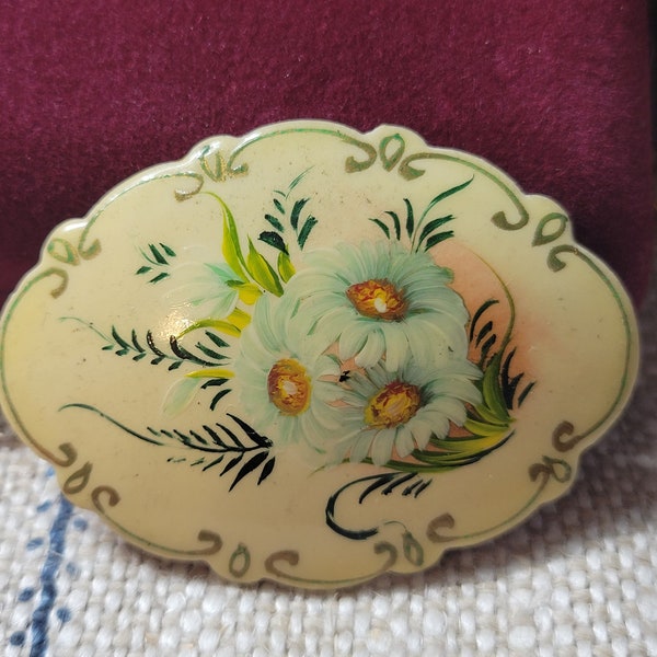 Vintage Russian  Brooch - Hand Painted. Pin, Lacquer Wooden Brooch, Hand Painted, Signed  Flower Brooch, Floral Pin, Designer Pin,