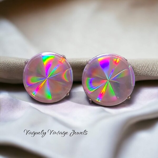 Vintage Jewelarama Clip-On Earrings, Iridescent Holographic Optic Disk Design, Unikalne refrakcyjne akcesoria jubilerskie