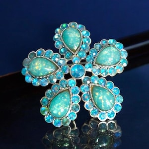 Vintage Cara NY Faux Blue Borealis Cabochon Opal Faux  Blue Flower Brooch Faux Opal