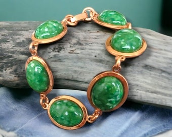 Vintage Copper Link Bracelet with Green Agate Stone