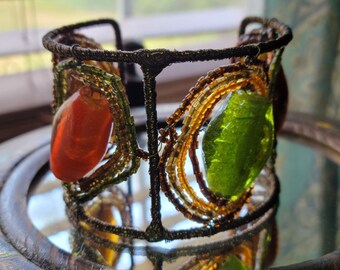 Beaded Bronze Cuff Bracelet: Handmade Colorful Glass Boho Jewelry