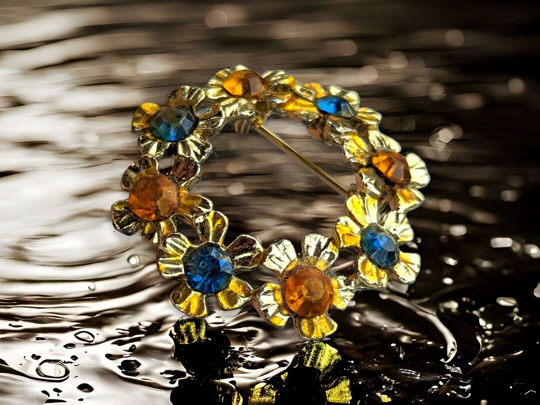 Broche Vintage Signée Henry Perichon - Perles, Sulfure Et Strass Bleus, Laiton Doré, Occasion