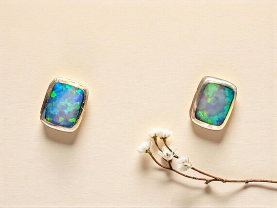 Blue Opal Sterling Silver Square Stud Earrings: M… - image 1