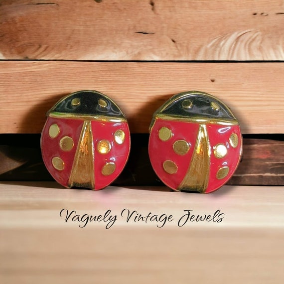 Vintage Avon Lady Bug Earrings, Large Red & Black… - image 2