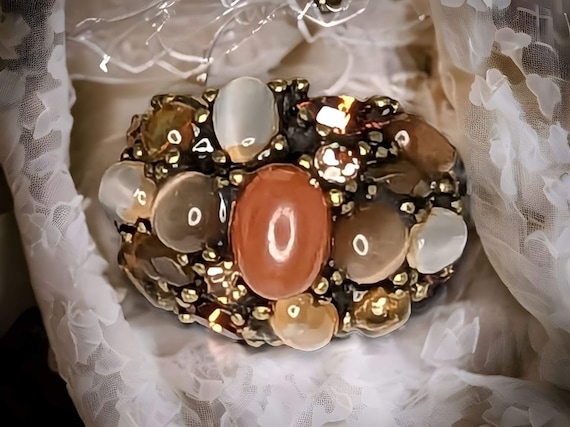 Vintage Brass Cluster Ring: Multi-Colored Gemston… - image 1