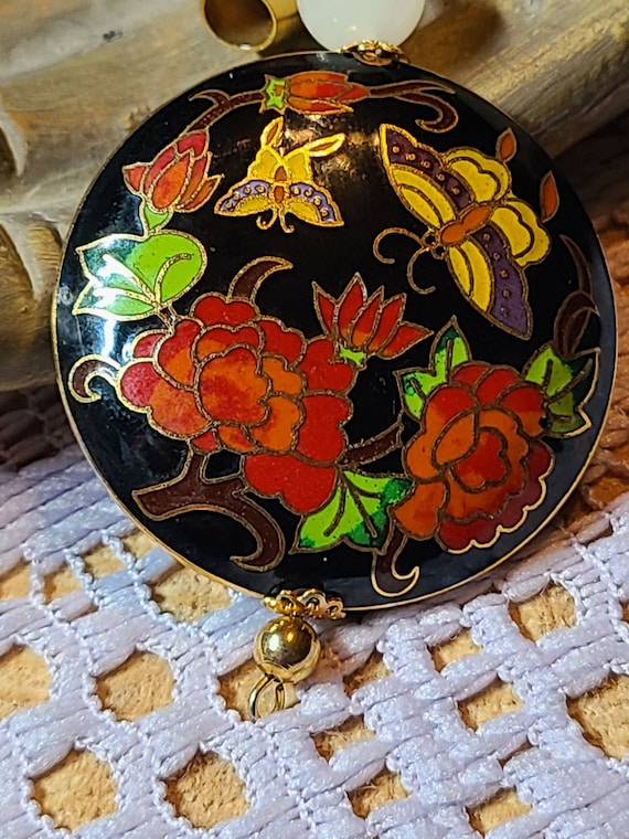 Vintage cloisonne enamel two sided puffy gold tone
