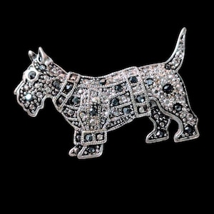 Scottie Dog Brooch, Pin | Vintage Scottish Terrier Jewelry with Marcasite Rhinestones | 90s Dog Accessory