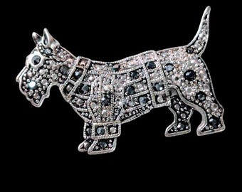 Scottie Dog Brooch, Pin | Vintage Scottish Terrier Jewelry with Marcasite Rhinestones | 90s Dog Accessory