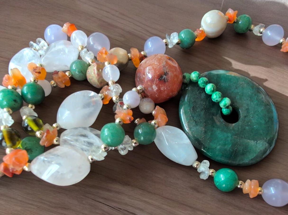 Collier Vintage Perles De Jade Et Cristaux - Cœur Diamant, Vert, Bijou Ancien - Parfait état