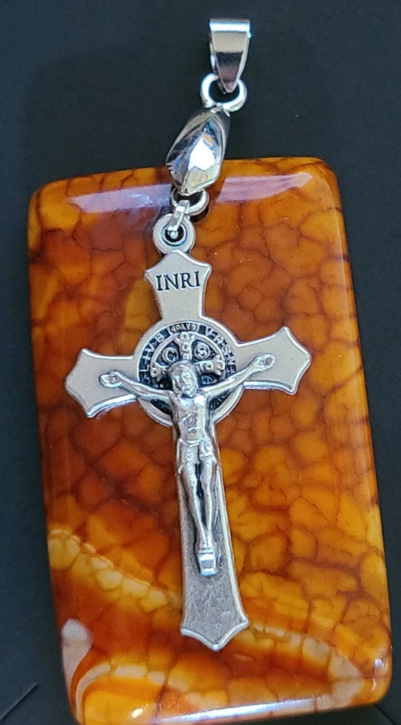 Exotic Stone Saint Benedict Cross - Elegant Silver