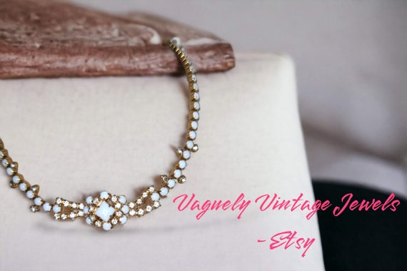 Vintage Estate Gold Tone Milk Glass and Rhineston… - image 3