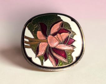 Fivela de cinto esmaltada Cloisonné vintage – Design floral de lírio – Fivela em tom dourado estilo Art Nouveau