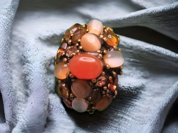 Vintage Brass Cluster Ring: Multi-Colored Gemston… - image 3