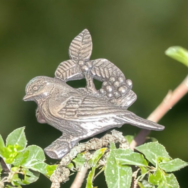Vintage 2002 Pewter Bird Pin - Delicate Birds & Blooms Collectible, Nature-Inspired Brooch, Perfect Gift for Bird Lovers