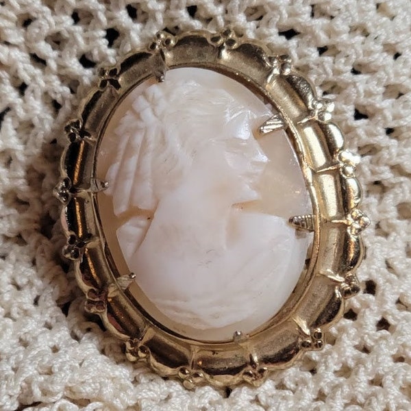 Vintage Signed Coro Real Carved Shell Cameo Brooch Pin 1950's Vintage Jewelry