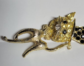 Cute Vintage Goldtone Blue & Black Rhinestones Cat With Top Hat Brooch Pin