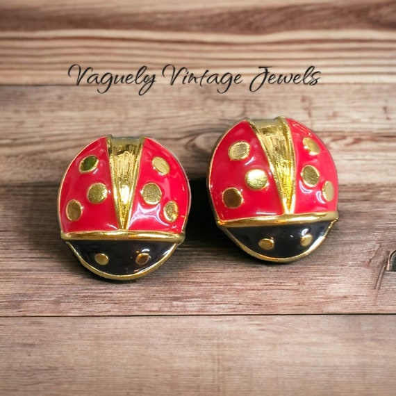 Vintage Avon Lady Bug Earrings, Large Red & Black… - image 3