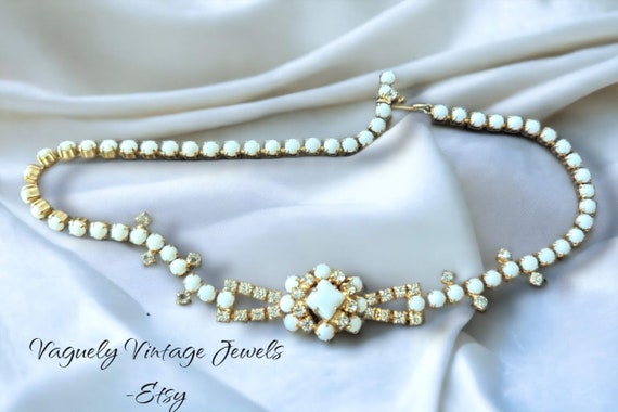 Vintage Estate Gold Tone Milk Glass and Rhineston… - image 1