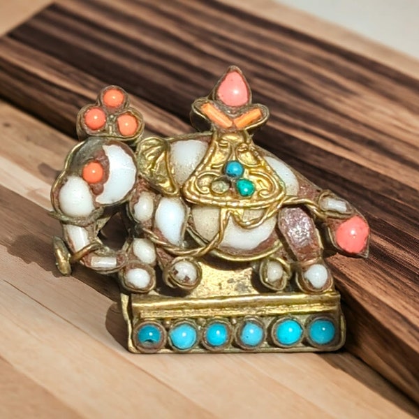 Vintage Tibetan Elephant Brooch, White Hardstone with Coral & Turquoise, Brass Nepalese Pin, Unique Gift for Collectors