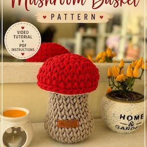 Crochet Mushroom Basket Pattern | Video Tutorial + PDF | Seamless T-shirt Yarn Rope Basket | Cottagecore Woodland Home Decor
