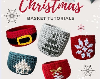 Kit per realizzare cestini natalizi all'uncinetto, 5 modelli di cestini, tutorial con filato di t-shirt, video e PDF per principianti, cestini per le feste.