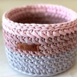 Handmade Crochet Basket: Pink & Grey Scandinavian Organizer