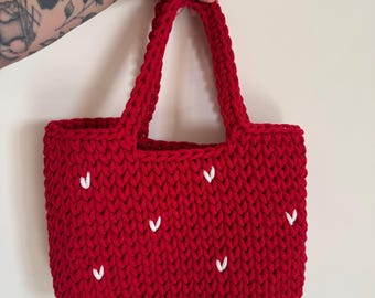 Crochet Rope Tote Bag Pattern, Daily Tote Bag PDF Video Tutorial, Red Valentines Heart Print Purse, Beginner Crochet, Gift