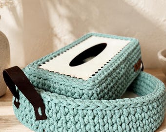 Crochet Tissue Box Cover and Tray | Buy Single or Matching Set | Boho Bathroom Decor | Leather Handles Wooden Base | Custom Color Gift