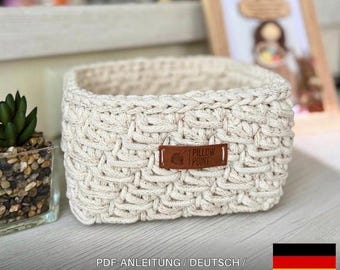 Crochet Basket Pattern Wooden Base, German Anleitung, Video Tutorial PDF, Gift for Her Housewarming, Modern Storage Korb Häkeln