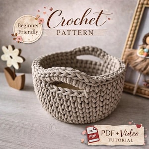 Tutorial de crochet para cestas de cuerda para principiantes / Vídeo paso a paso de 60 minutos e instrucciones detalladas en PDF / Cesta de crochet con base de madera