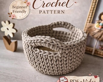 Beginner-Friendly Rope Basket Crochet Tutorial | 60-Minute Step-by-Step Video & Detailed PDF Instructions | Wooden Base Crochet Basket with