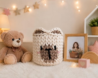 Crochet Bear Basket 13cm / 5in | Handmade Cotton Rope Bowl | Custom Color | Bear Nursery Decor | Baby Gift