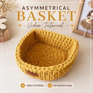 Tutorial en vídeo sobre el patrón de cesta de cuerda a crochet / Cesta asimétrica mitad redonda, mitad cuadrada / Decoración moderna para el hogar / Descarga instantánea para principiantes