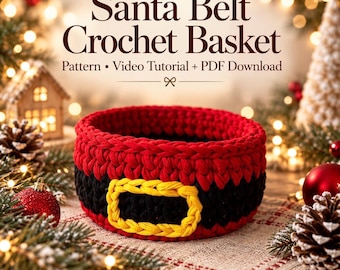 Patrón de cesta de ganchillo con cinturón de Papá Noel / Cesta de ganchillo navideña / Videotutorial + PDF / Tutorial para principiantes / Descarga instantánea