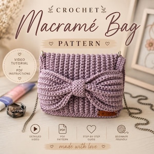 Crochet Bag Pattern + Video Tutorial | Glitter Cotton Macramé Cord Handbag with Bow | Beginner Purse PDF | Instant Download