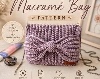 Crochet Bag Pattern + Video Tutorial | Glitter Cotton Macramé Cord Handbag with Bow | Beginner Purse PDF | Instant Download