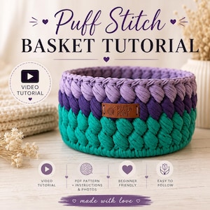 Patroon gehaakt mandje pdf en videotutorial | Beginnend haakpatroon bladerdeeg | 3-kleuren mand met textuur | Housewarmingcadeau