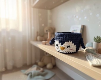Cesta de pingüino de crochet: organizador de hilo de algodón hecho a mano, decoración para habitación infantil