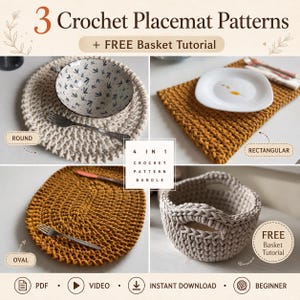 Crochet Placemat Pattern Bundle, Round Oval Rectangular Placemats PDF + Video Tutorial, Beginner Crochet Pattern, Free Basket Pattern
