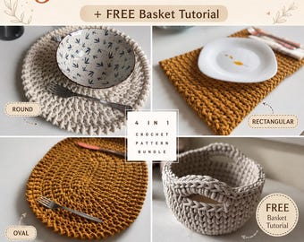 Crochet Placemat Pattern Bundle, Round Oval Rectangular Placemats PDF + Video Tutorial, Beginner Crochet Pattern, Free Basket Pattern
