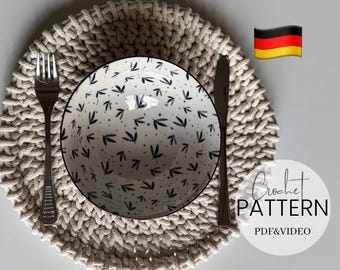 Häkelanleitung Rundes Platzset Baumwoll-Seil, Geschenk Selbstgemacht, Video & PDF Anfänger, 35cm Platzdeckchen Boho Tischdeko