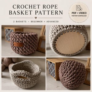 Crochet Rope Basket Pattern + Video Tutorial | Beginner Cotton Cord Basket with Wooden Base | 2 Patterns Bundle PDF Instant Download