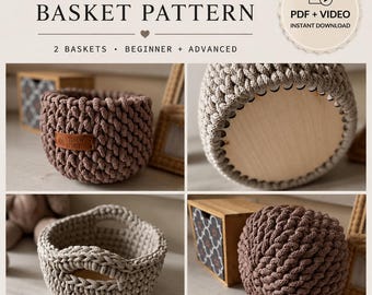 Crochet Rope Basket Pattern + Video Tutorial | Beginner Cotton Cord Basket with Wooden Base | 2 Patterns Bundle PDF Instant Download